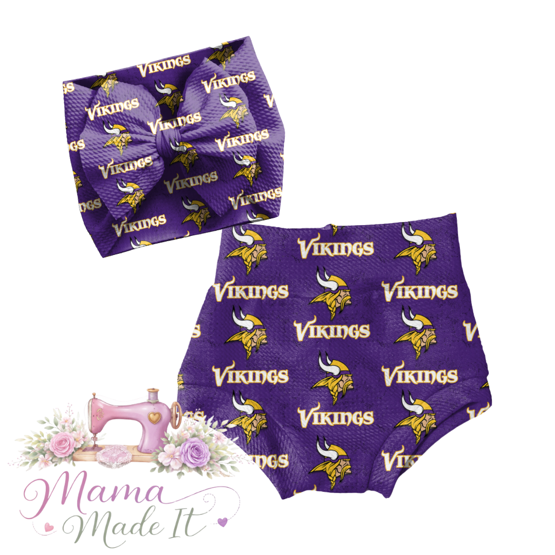 Vikings baby bummies, skirt, Headwrap or flare pants