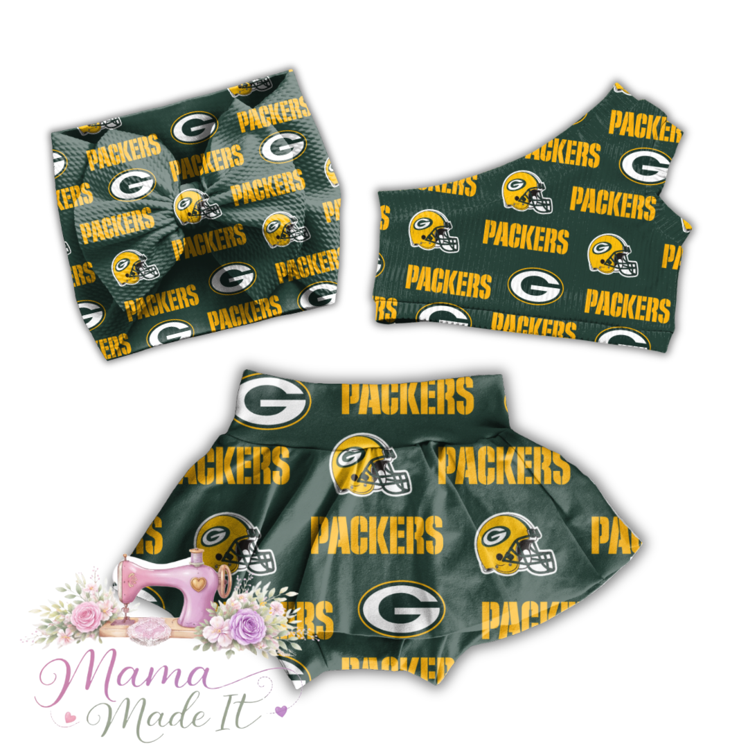 Greenbay Packers baby bummies, skirt, Headwrap or flare pants