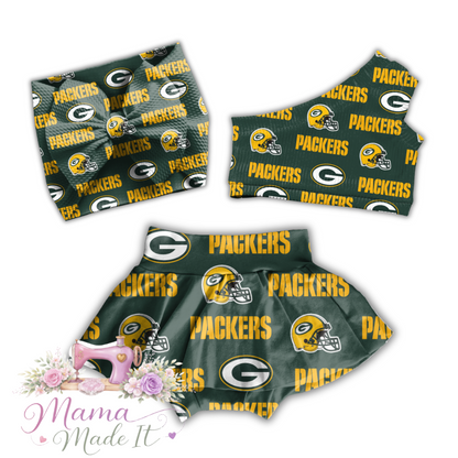 Greenbay Packers baby bummies, skirt, Headwrap or flare pants