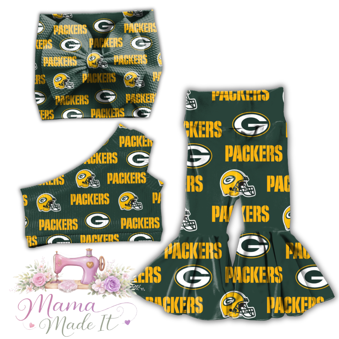 Greenbay Packers baby bummies, skirt, Headwrap or flare pants
