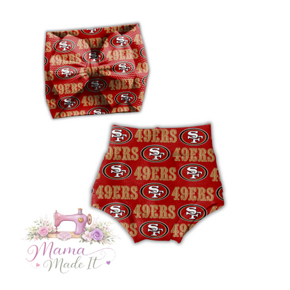 San Francisco 49ers baby bummies, skirt, Headwrap or flare pants