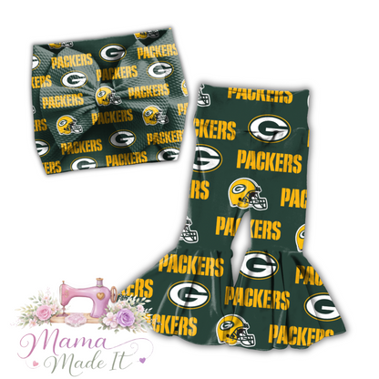 Greenbay Packers baby bummies, skirt, Headwrap or flare pants