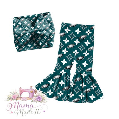 Philadelphia Eagles boujee baby bummies, flare pants or headwrap