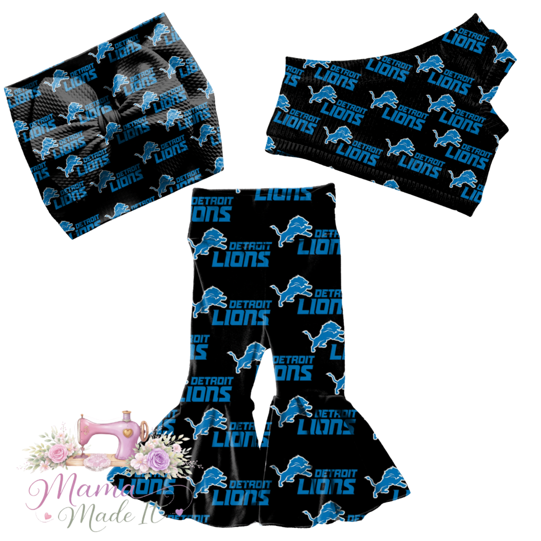 Detroit Lions black baby bummies, skirt, Headwrap or flare pants
