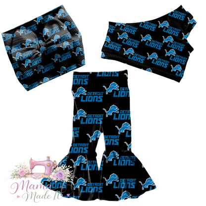 Detroit Lions black baby bummies, skirt, Headwrap or flare pants