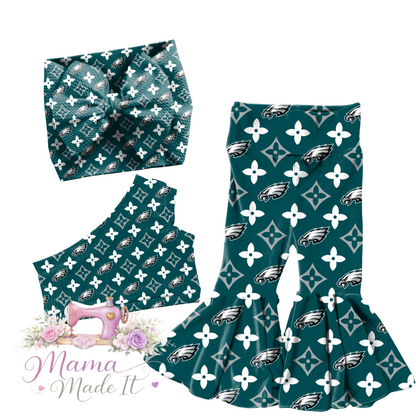 Philadelphia Eagles boujee baby bummies, flare pants or headwrap