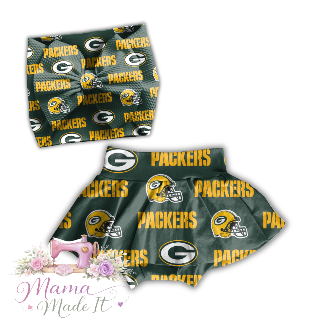 Greenbay Packers baby bummies, skirt, Headwrap or flare pants