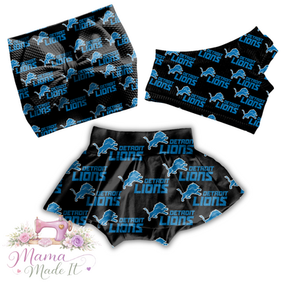 Detroit Lions black baby bummies, skirt, Headwrap or flare pants