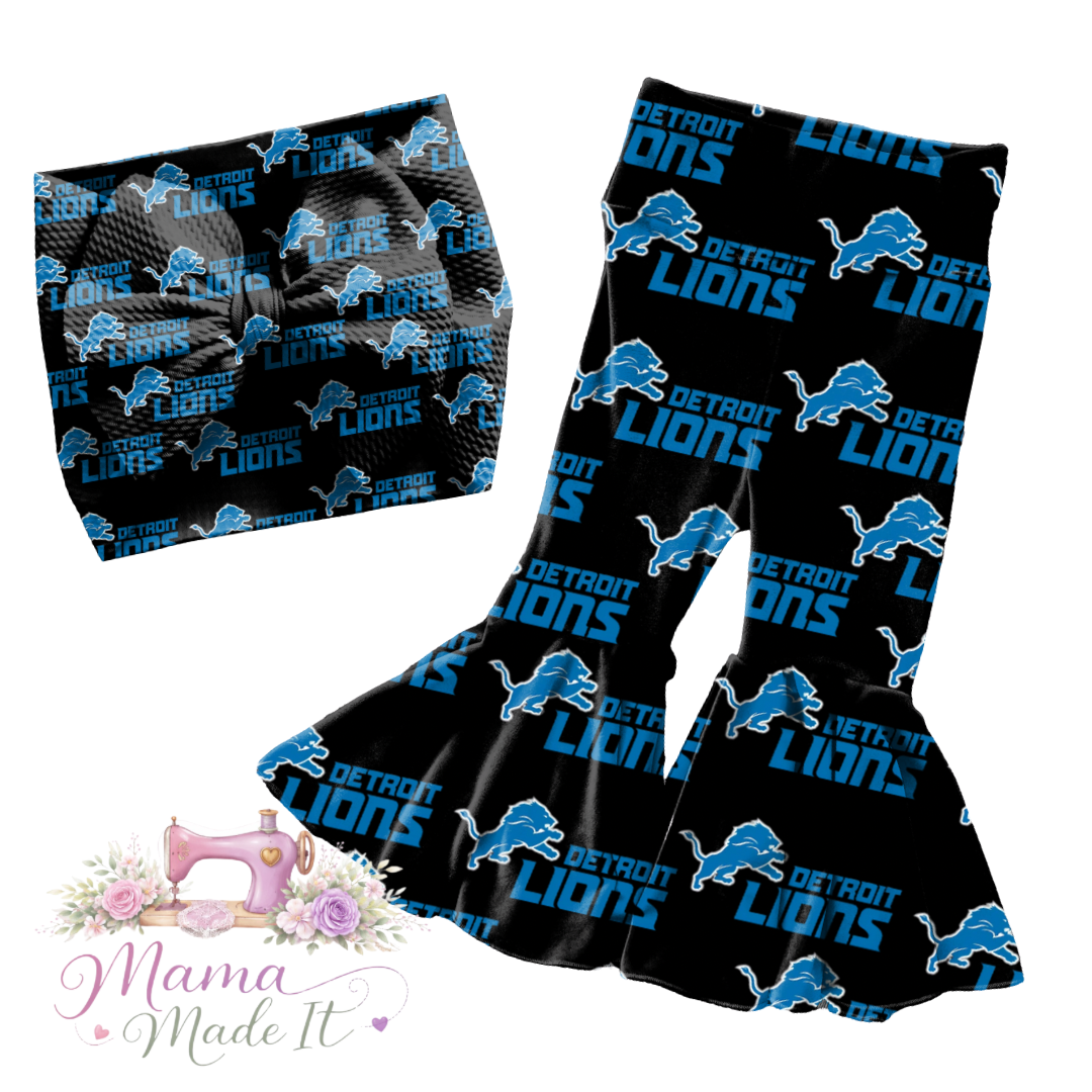 Detroit Lions black baby bummies, skirt, Headwrap or flare pants
