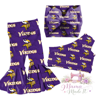 Vikings baby bummies, skirt, Headwrap or flare pants