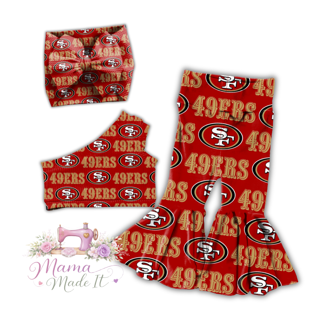 San Francisco 49ers baby bummies, skirt, Headwrap or flare pants