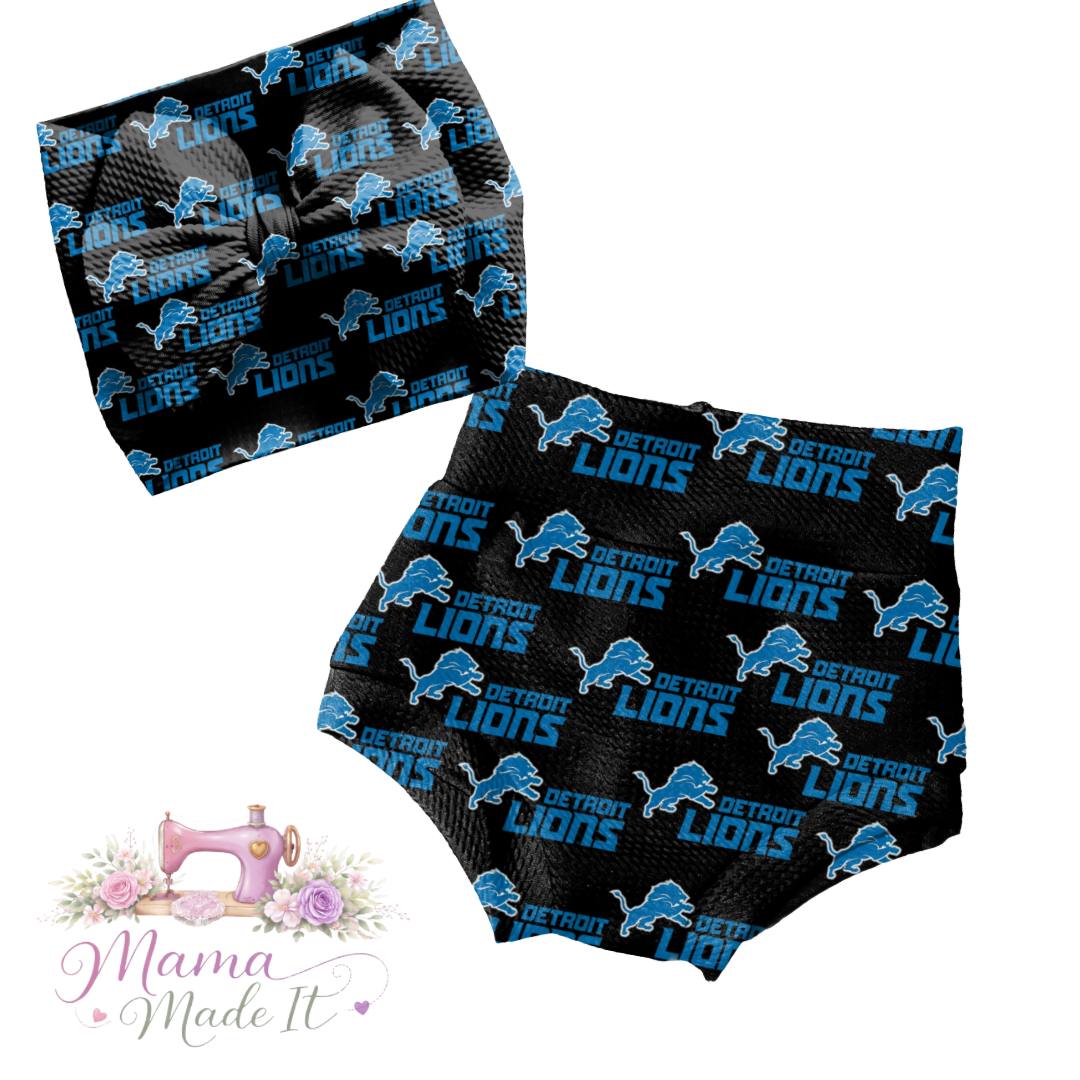 Detroit Lions black baby bummies, skirt, Headwrap or flare pants