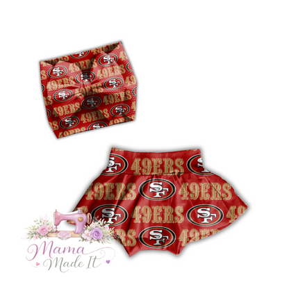 San Francisco 49ers baby bummies, skirt, Headwrap or flare pants