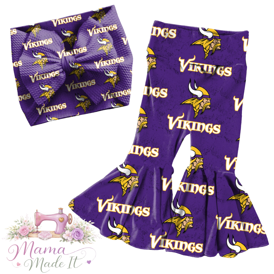 Vikings baby bummies, skirt, Headwrap or flare pants