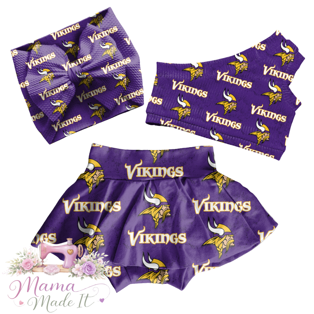 Vikings baby bummies, skirt, Headwrap or flare pants