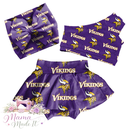 Vikings baby bummies, skirt, Headwrap or flare pants