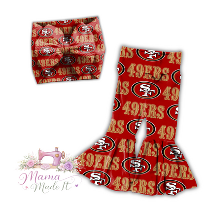 San Francisco 49ers baby bummies, skirt, Headwrap or flare pants