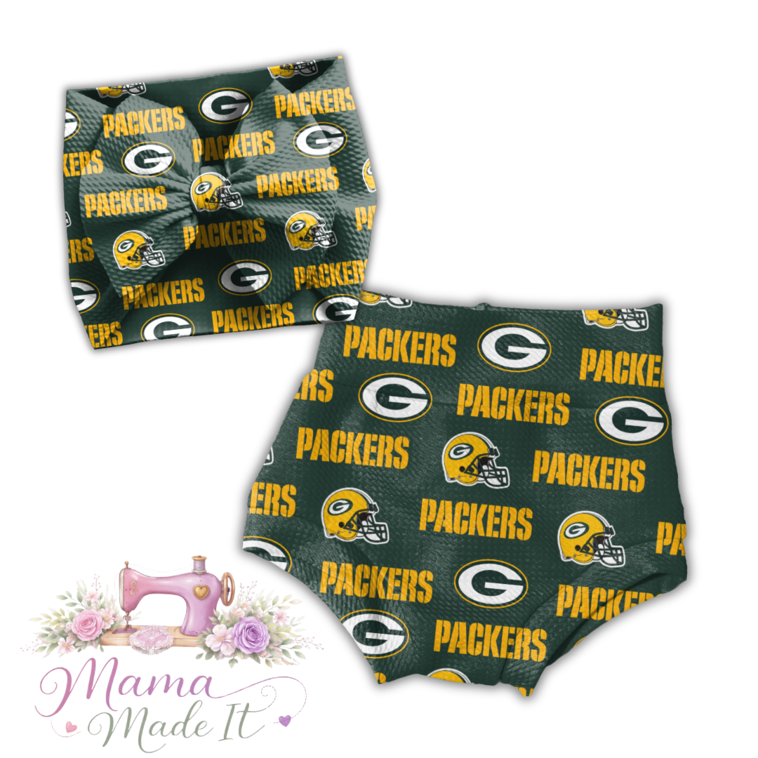Greenbay Packers baby bummies, skirt, Headwrap or flare pants