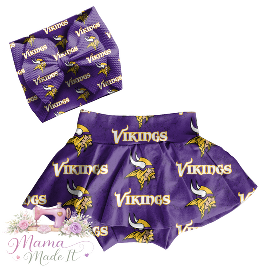 Vikings baby bummies, skirt, Headwrap or flare pants
