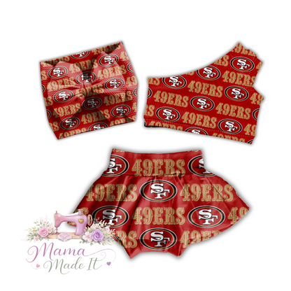 San Francisco 49ers baby bummies, skirt, Headwrap or flare pants