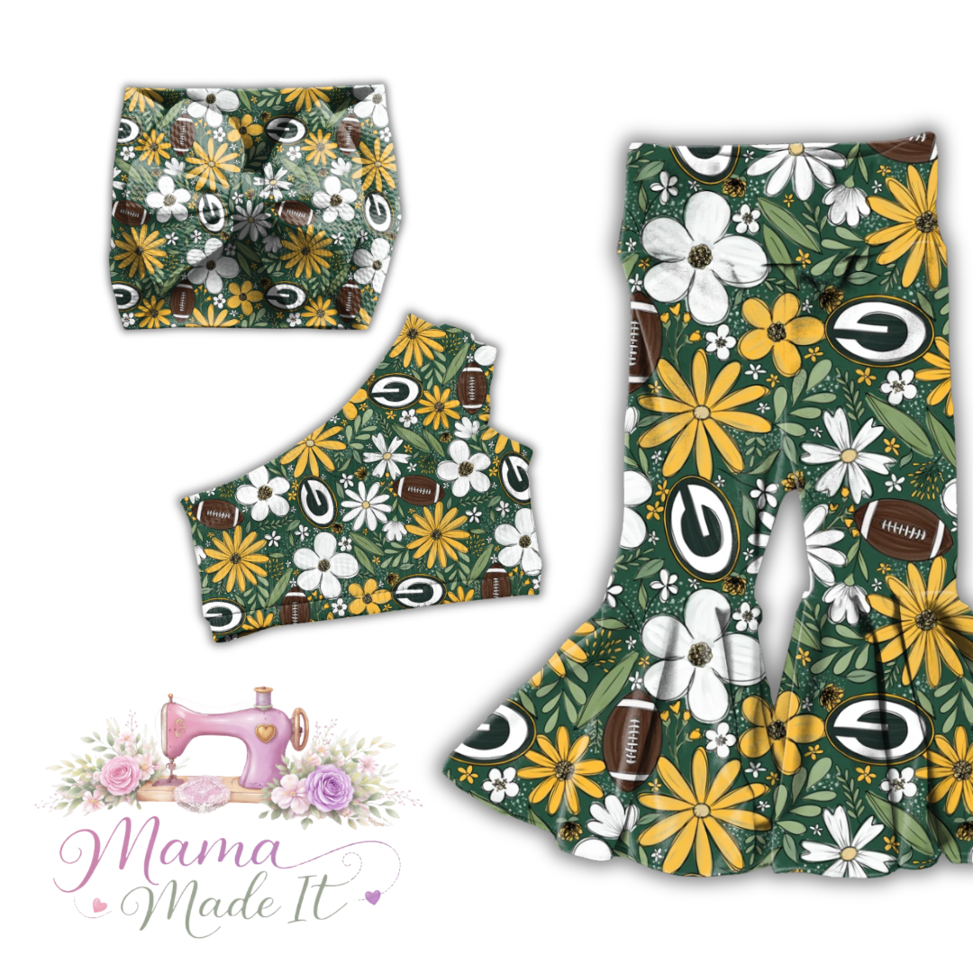 Floral Packers baby bummies, skirt, Headwrap or flare pants