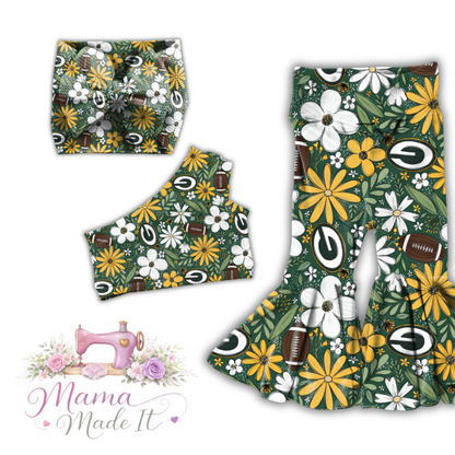 Floral Packers baby bummies, skirt, Headwrap or flare pants