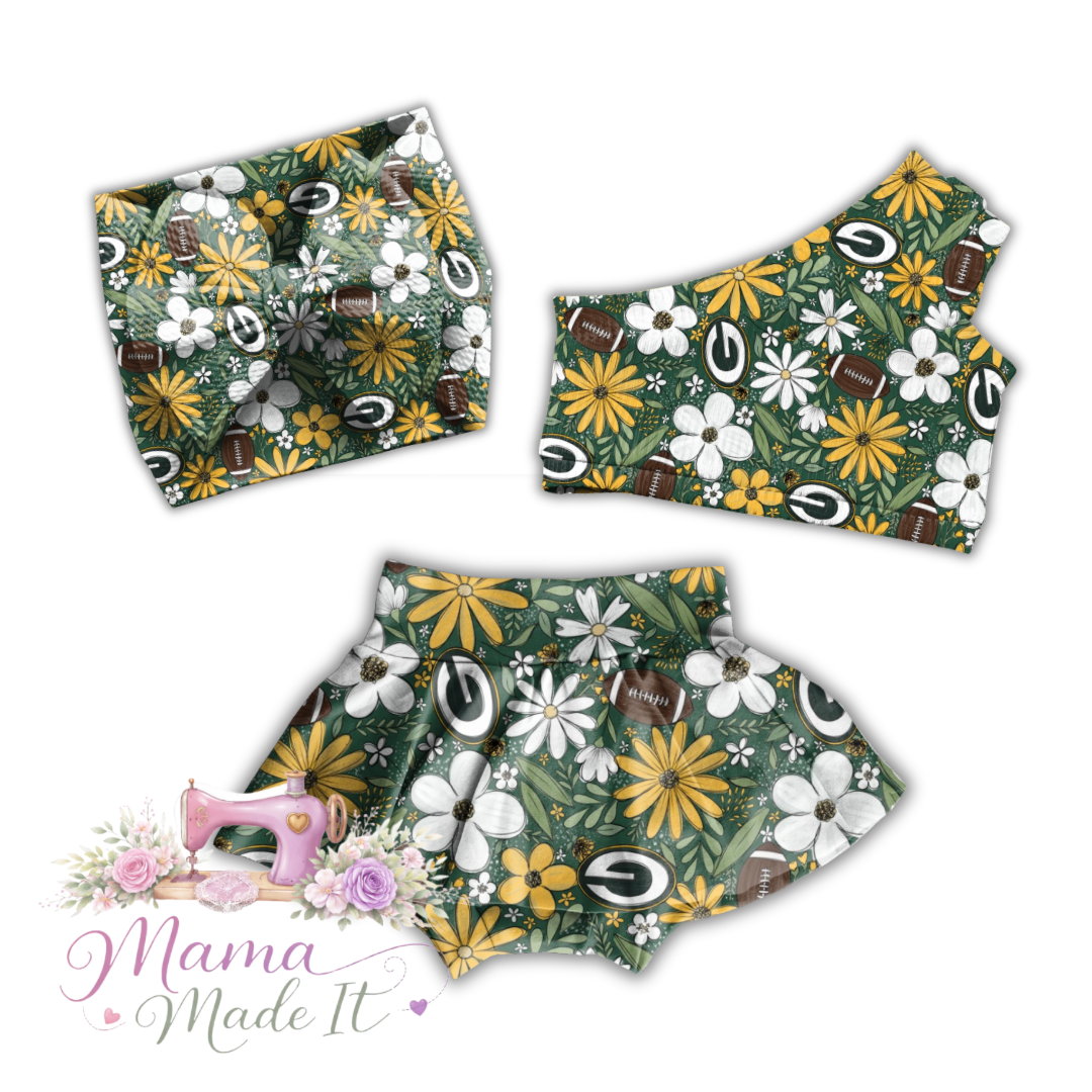 Floral Packers baby bummies, skirt, Headwrap or flare pants