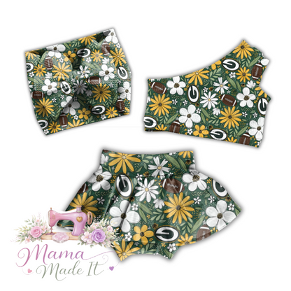Floral Packers baby bummies, skirt, Headwrap or flare pants
