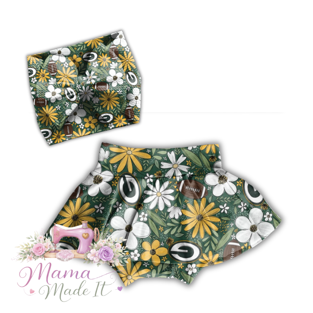 Floral Packers baby bummies, skirt, Headwrap or flare pants