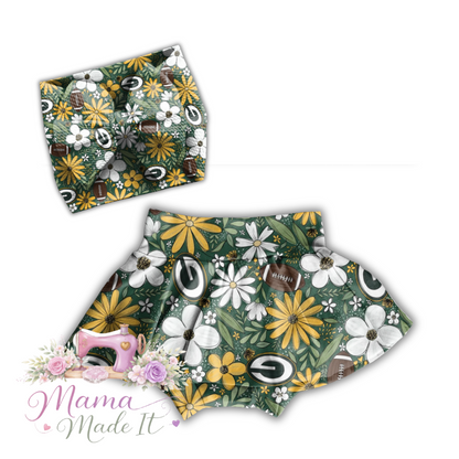 Floral Packers baby bummies, skirt, Headwrap or flare pants