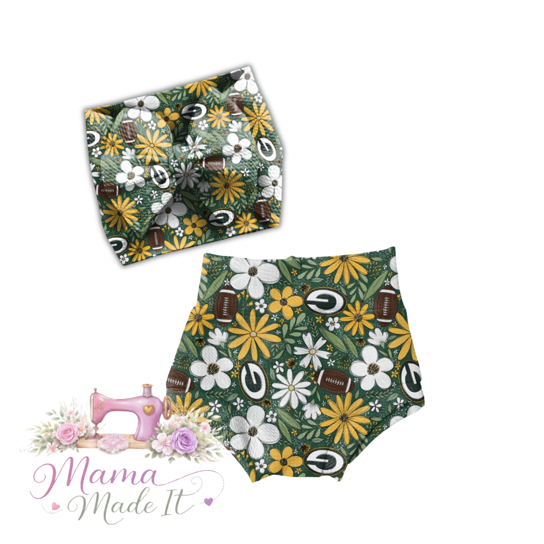 Floral Packers baby bummies, skirt, Headwrap or flare pants