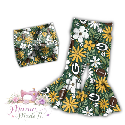 Floral Packers baby bummies, skirt, Headwrap or flare pants