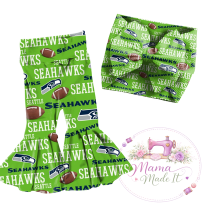 Seattle Seahawks baby bummies, skirt, flare pants or headwrap
