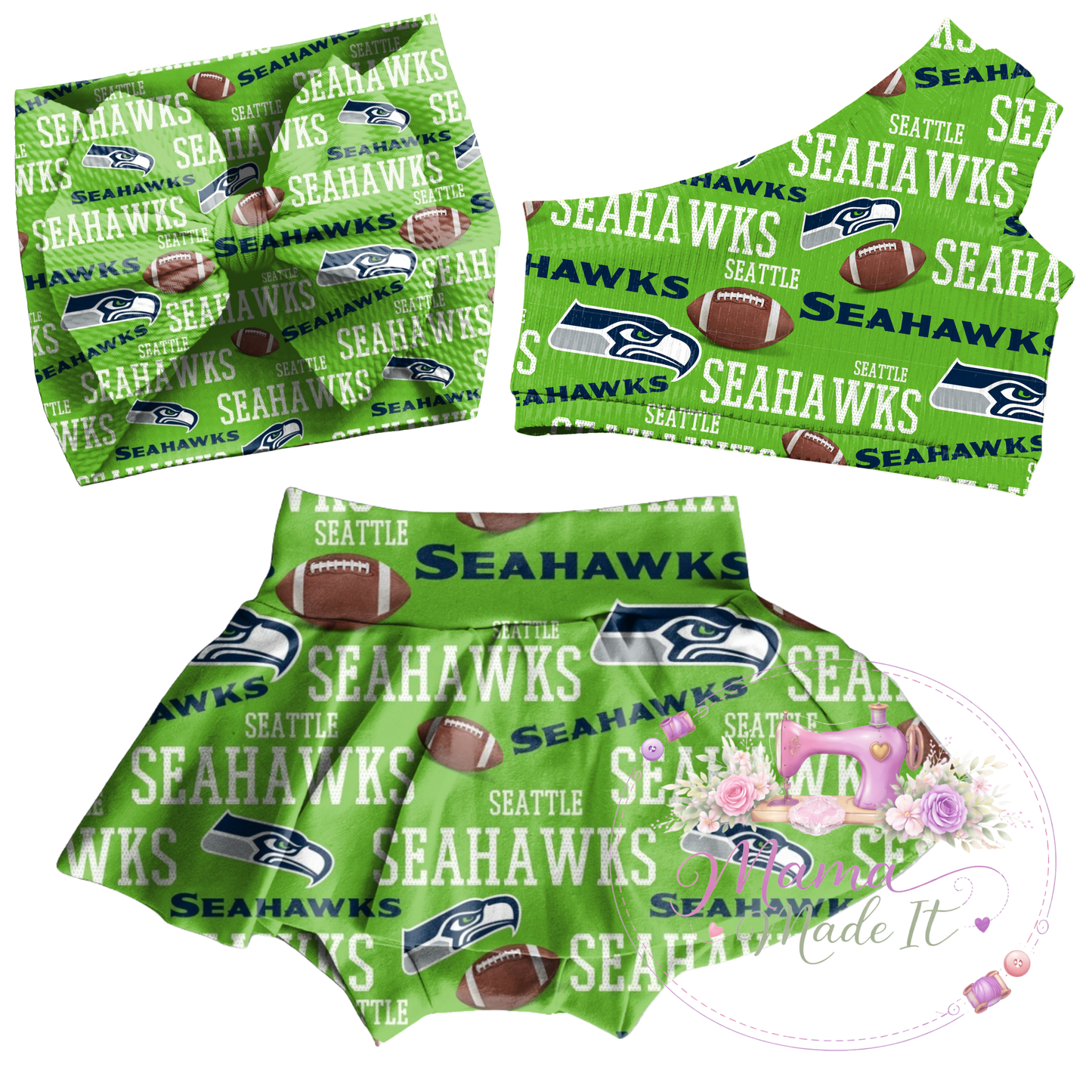 Seattle Seahawks baby bummies, skirt, flare pants or headwrap