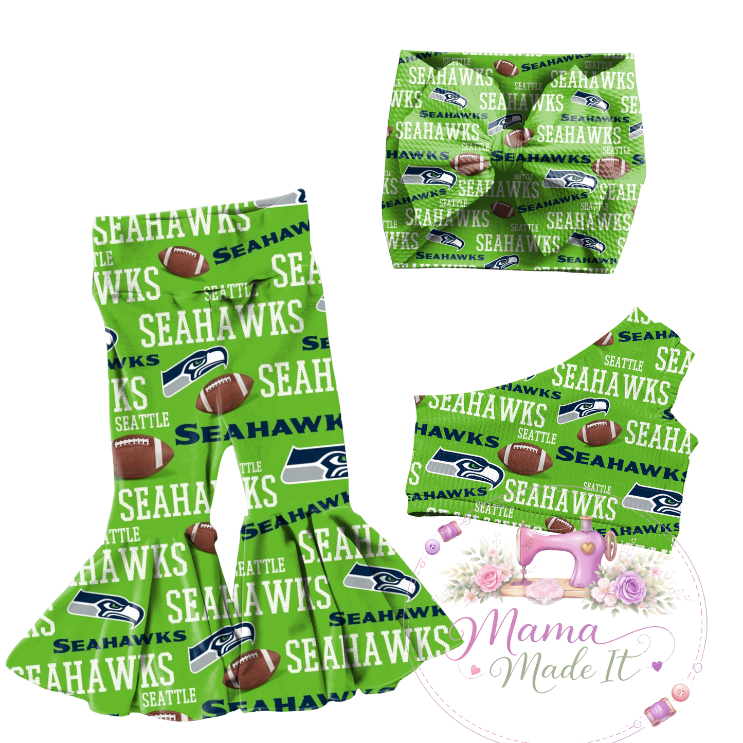 Seattle Seahawks baby bummies, skirt, flare pants or headwrap