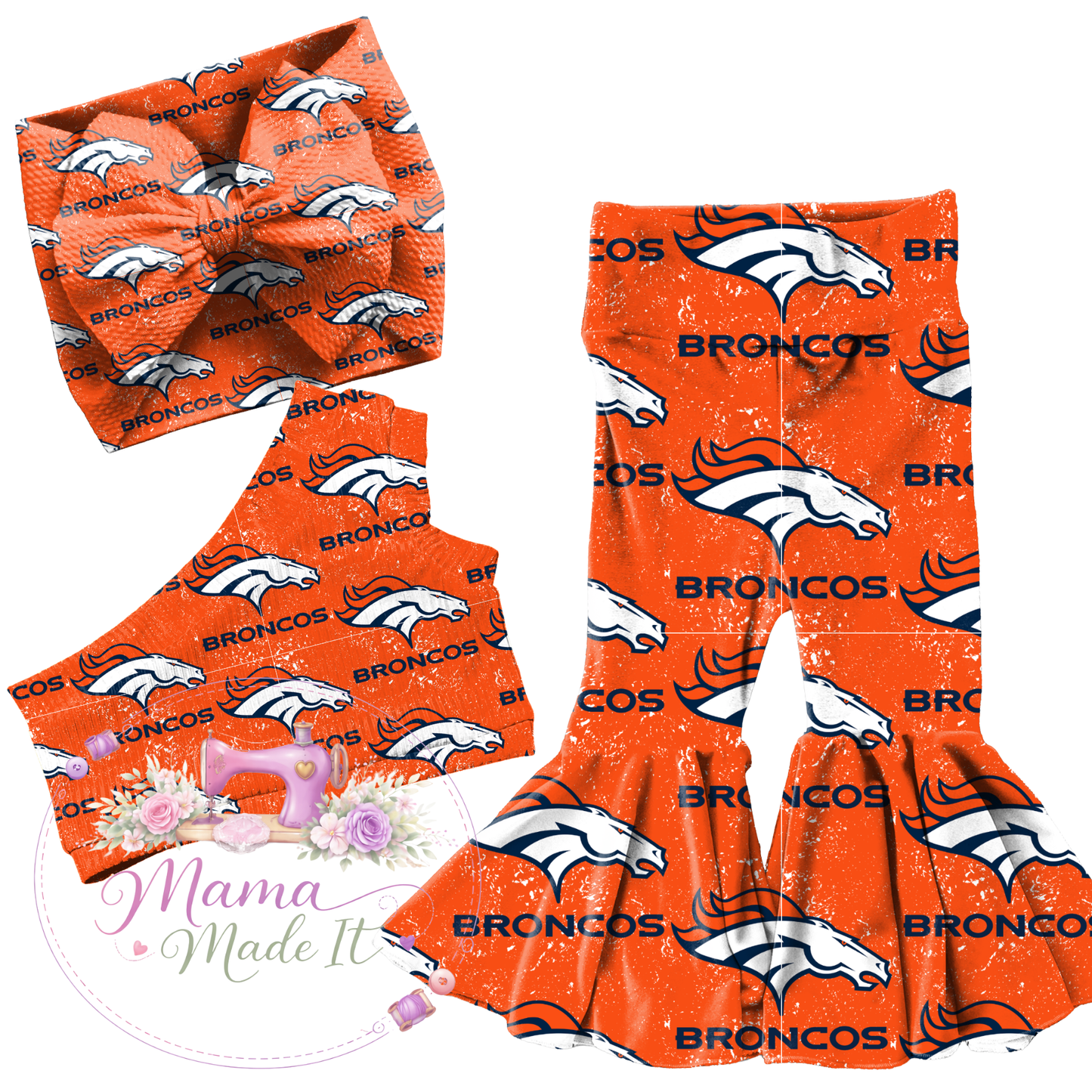 Denver Broncos baby bummies, skirt, Headwrap or flare pants