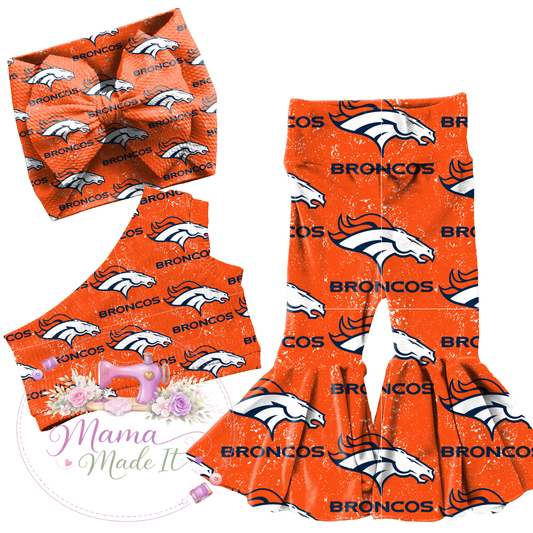 Denver Broncos baby bummies, skirt, Headwrap or flare pants
