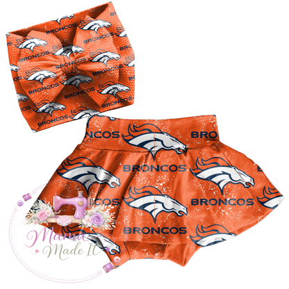 Denver Broncos baby bummies, skirt, Headwrap or flare pants