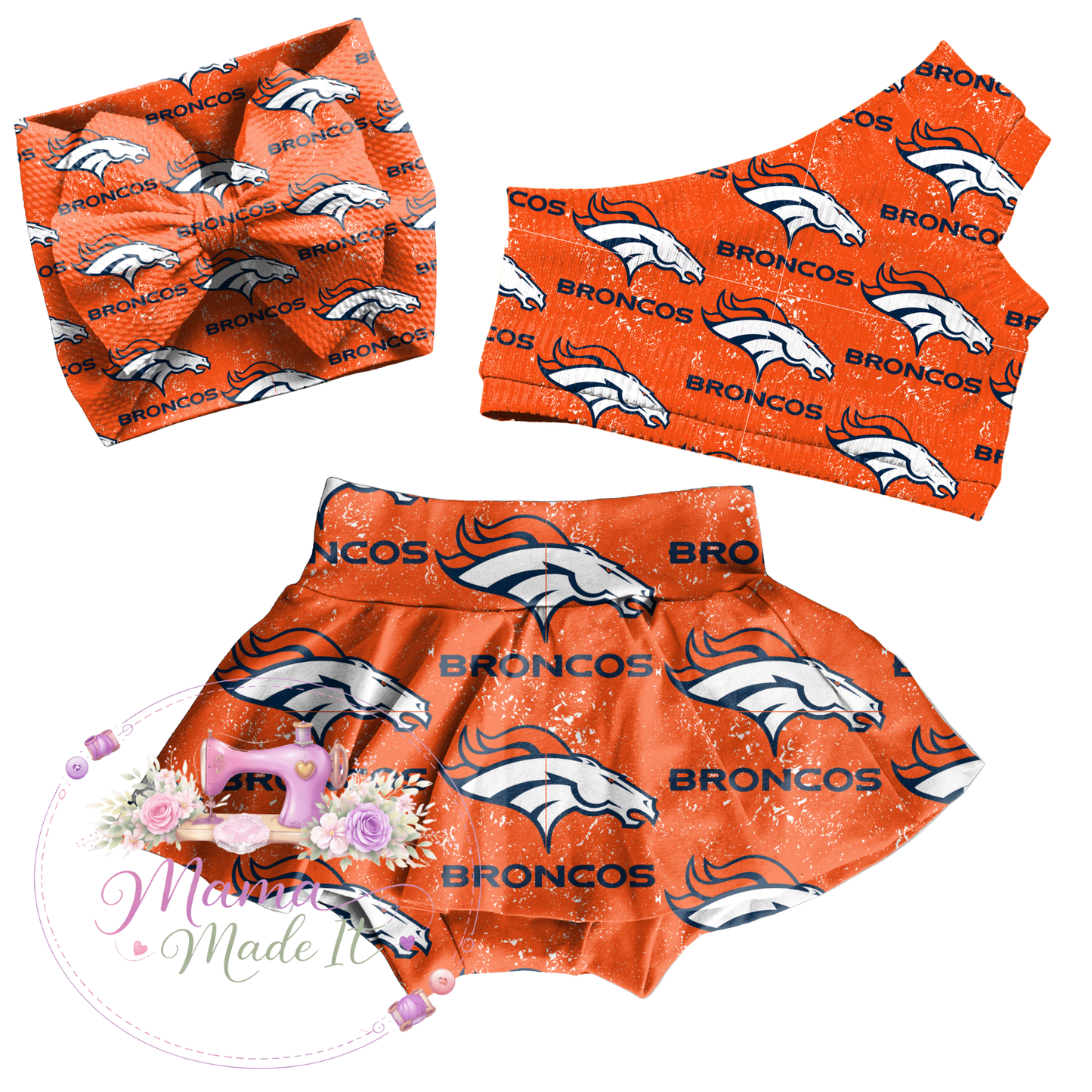 Denver Broncos baby bummies, skirt, Headwrap or flare pants
