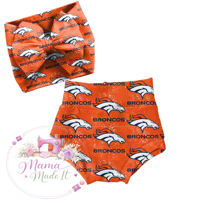 Denver Broncos baby bummies, skirt, Headwrap or flare pants