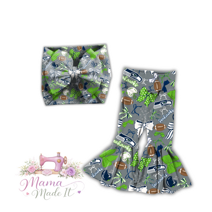 Seattle Seahawks baby bummies, skirt, flare pants or headwrap