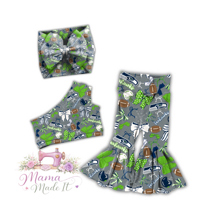 Seattle Seahawks baby bummies, skirt, flare pants or headwrap