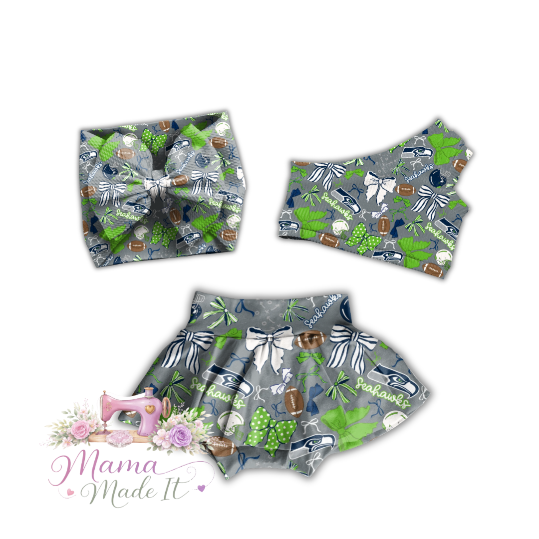 Seattle Seahawks baby bummies, skirt, flare pants or headwrap