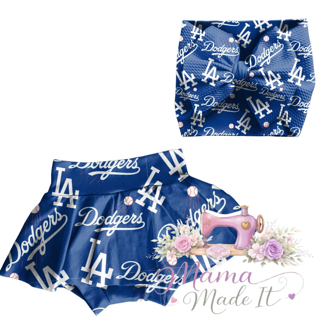 Dodgers baby bummies, skirt, flare pants or headwrap