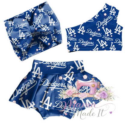 Dodgers baby bummies, skirt, flare pants or headwrap