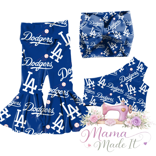 Dodgers baby bummies, skirt, flare pants or headwrap
