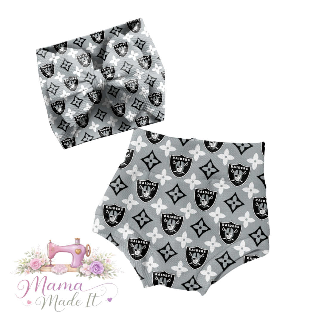 Las Vegas Raiders boujee baby bummies, skirt, Headwrap or flare pants