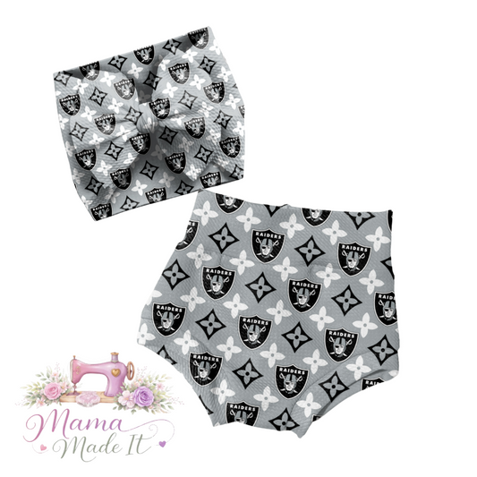 Las Vegas Raiders boujee baby bummies, skirt, Headwrap or flare pants