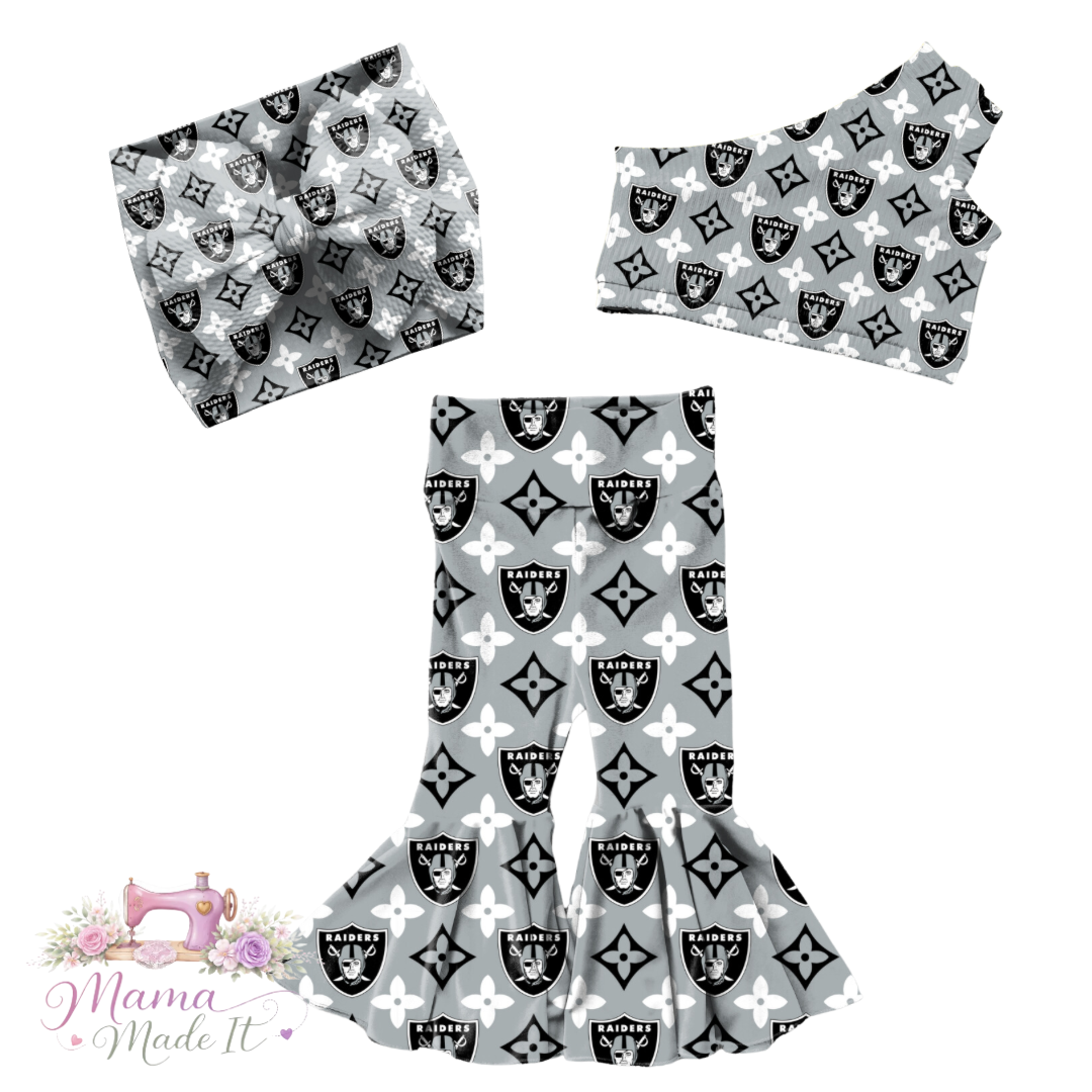 Las Vegas Raiders boujee baby bummies, skirt, Headwrap or flare pants