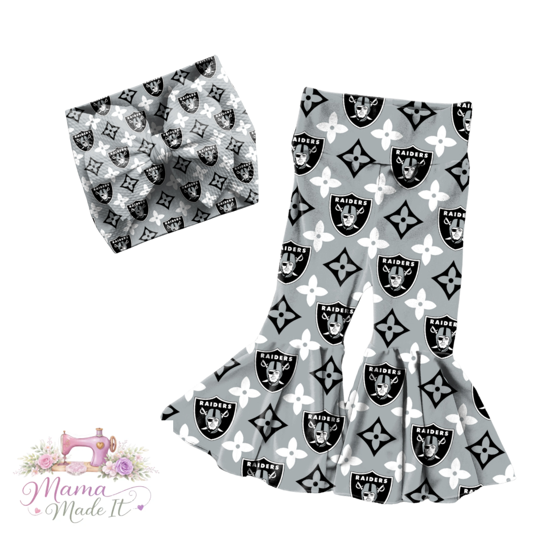 Las Vegas Raiders boujee baby bummies, skirt, Headwrap or flare pants